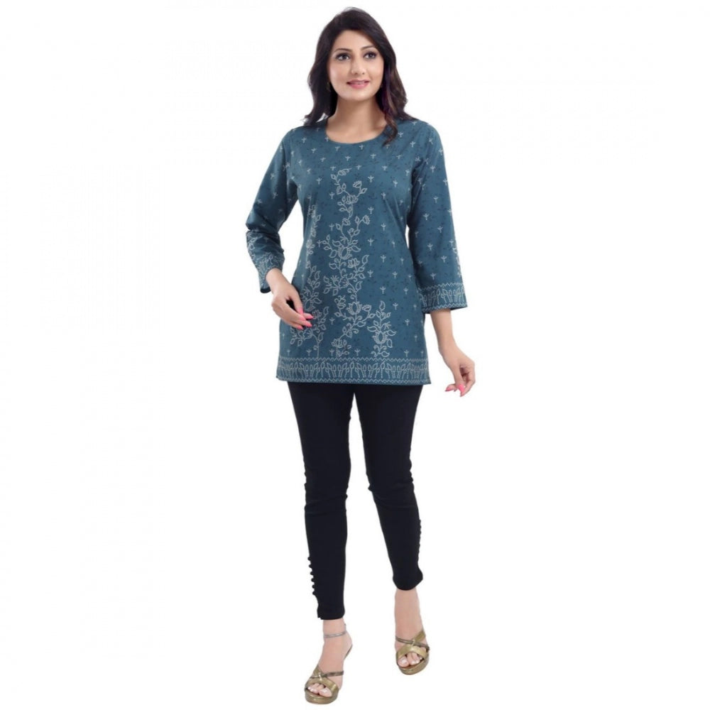 Generic Women's Quarter Sleeve Faux Crepe Printed Short Kurti Tunic Top (Color:Grey)