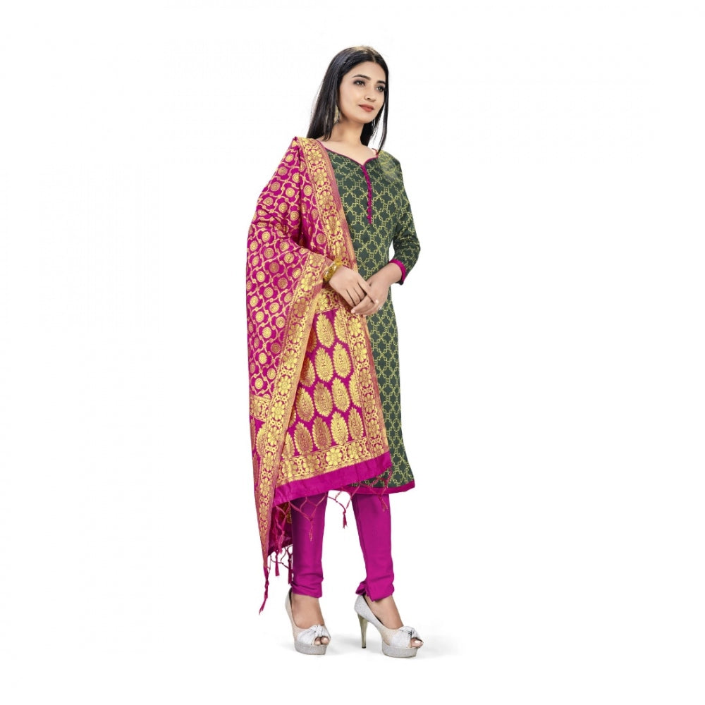 Generic Banarasi Silk Unstitched Salwar-Suit Material Premium Quality With Dupatta (Color: Mehendi Green)