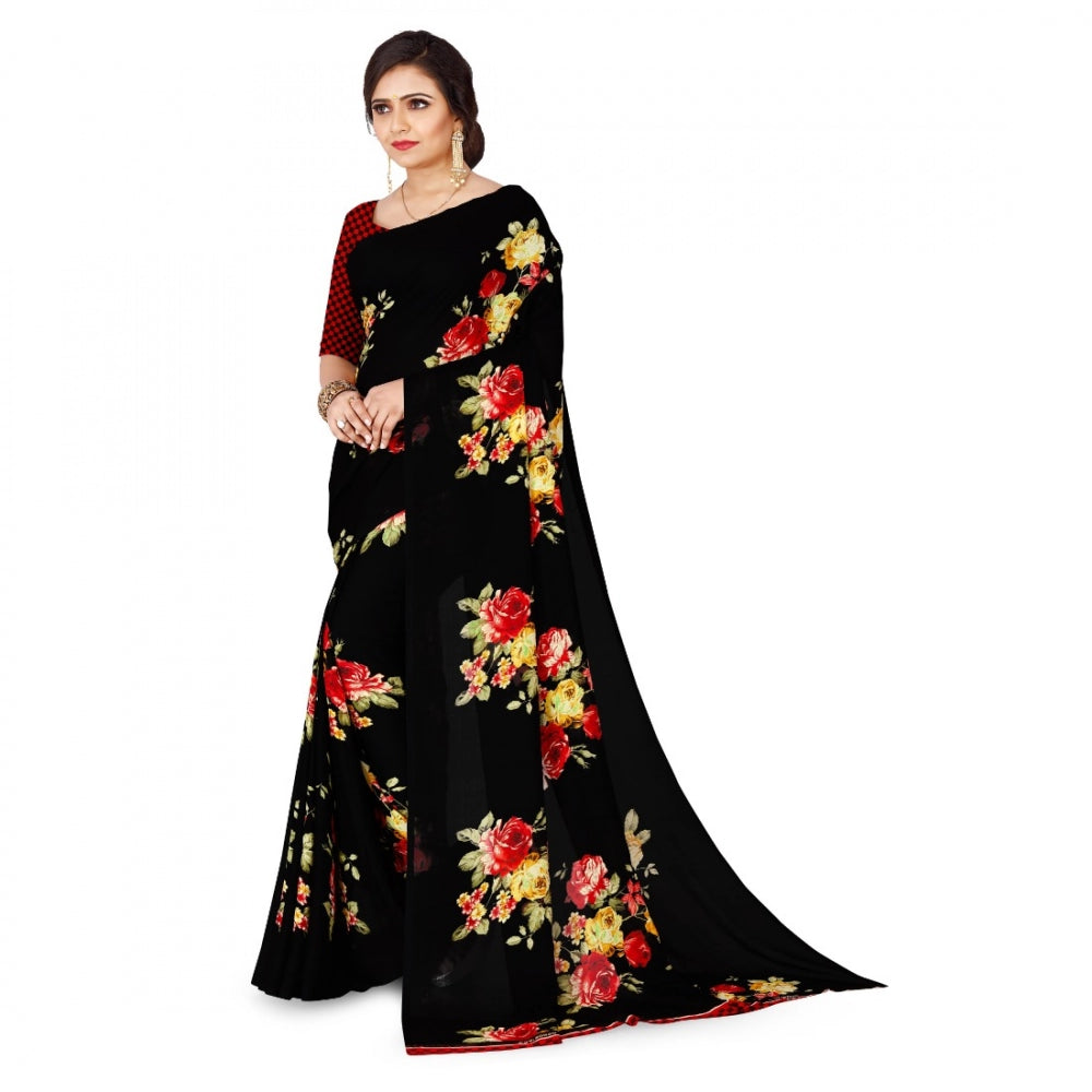 Generic Women's Faux Georgette Saree With Blouse (Black, 5-6Mtrs)