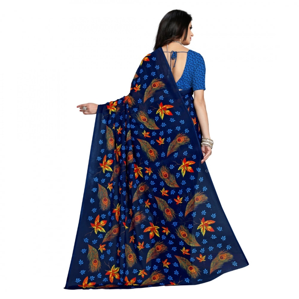 Generic Women's Faux Georgette Saree With Blouse (Blue, 5-6Mtrs)