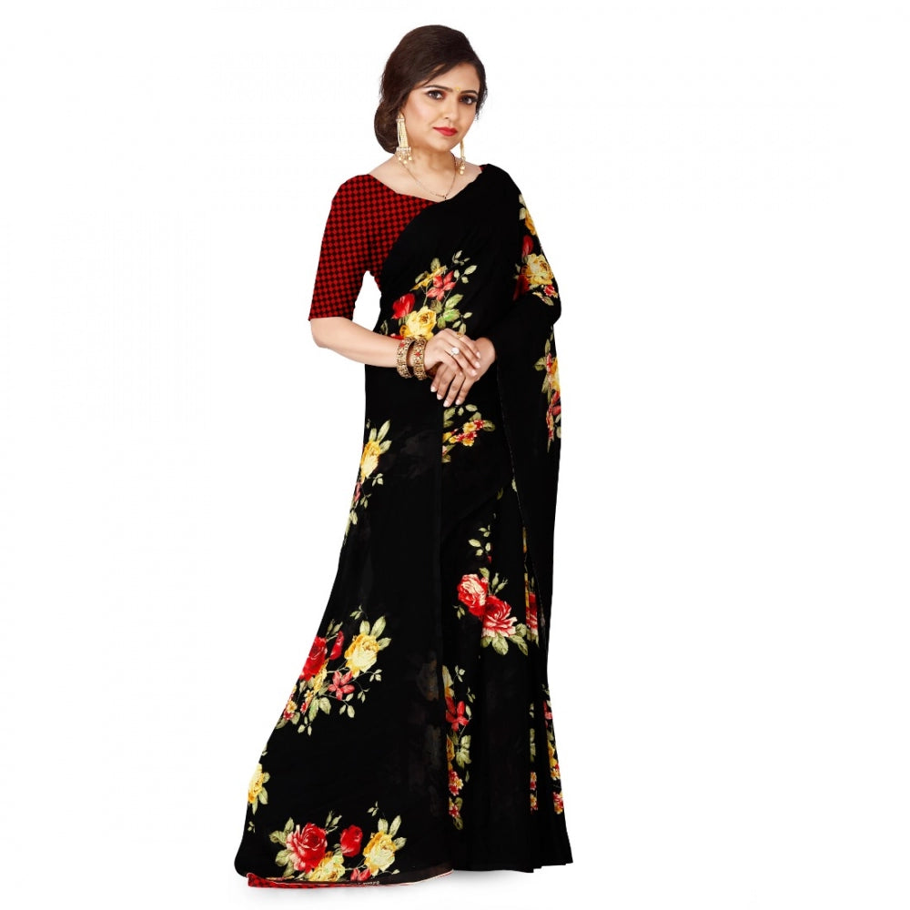 Generic Women's Faux Georgette Saree With Blouse (Black, 5-6Mtrs)