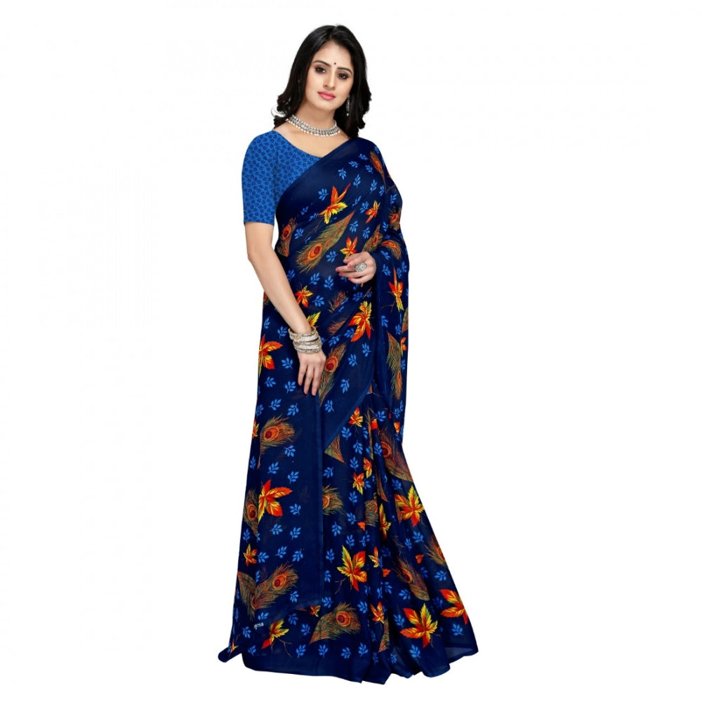 Generic Women's Faux Georgette Saree With Blouse (Blue, 5-6Mtrs)