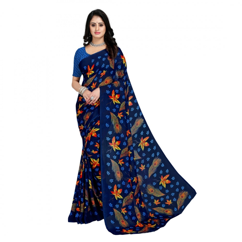 Generic Women's Faux Georgette Saree With Blouse (Blue, 5-6Mtrs)