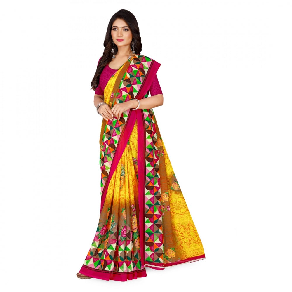 Generic Women's Faux Georgette Saree With Blouse (Yellow, 5-6Mtrs)