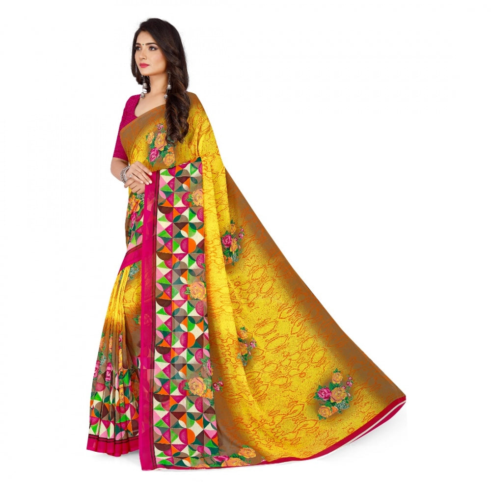 Generic Women's Faux Georgette Saree With Blouse (Yellow, 5-6Mtrs)