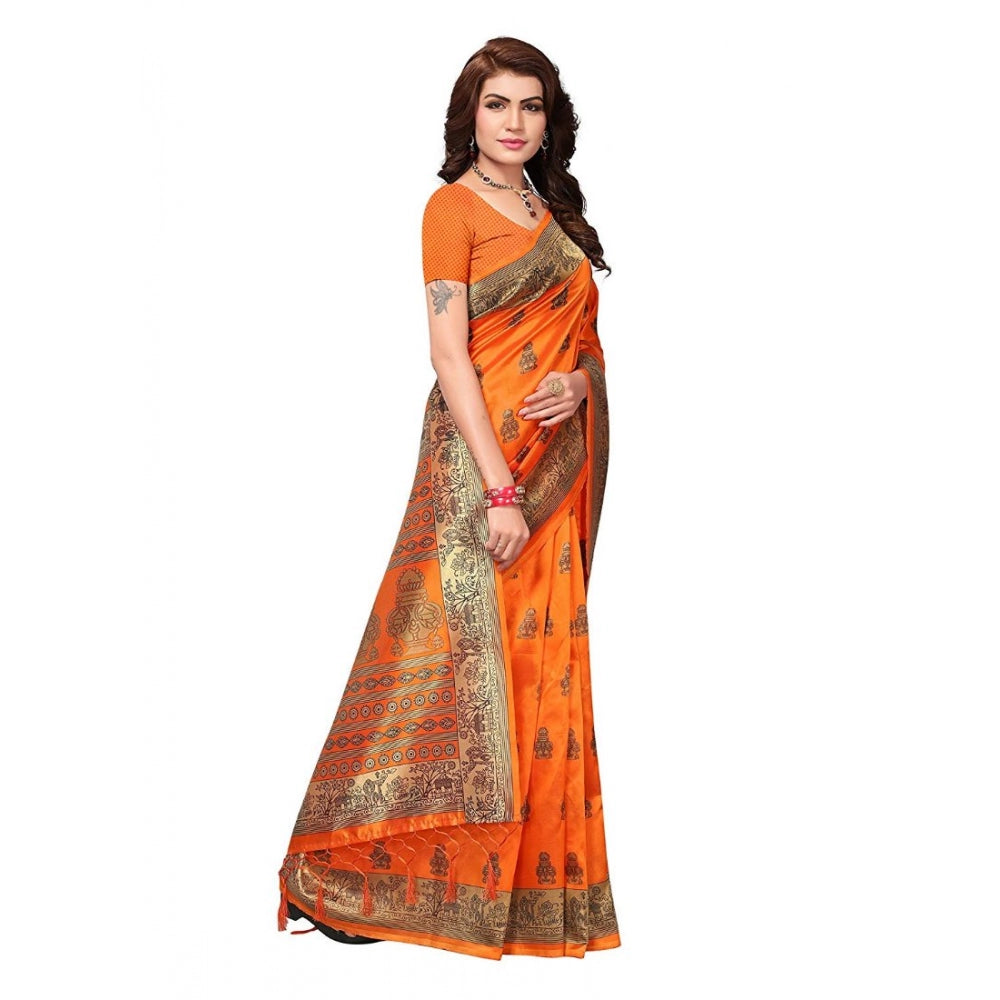 Generic Women's Art Silk Saree With Blouse (Orange, 5-6mtrs)