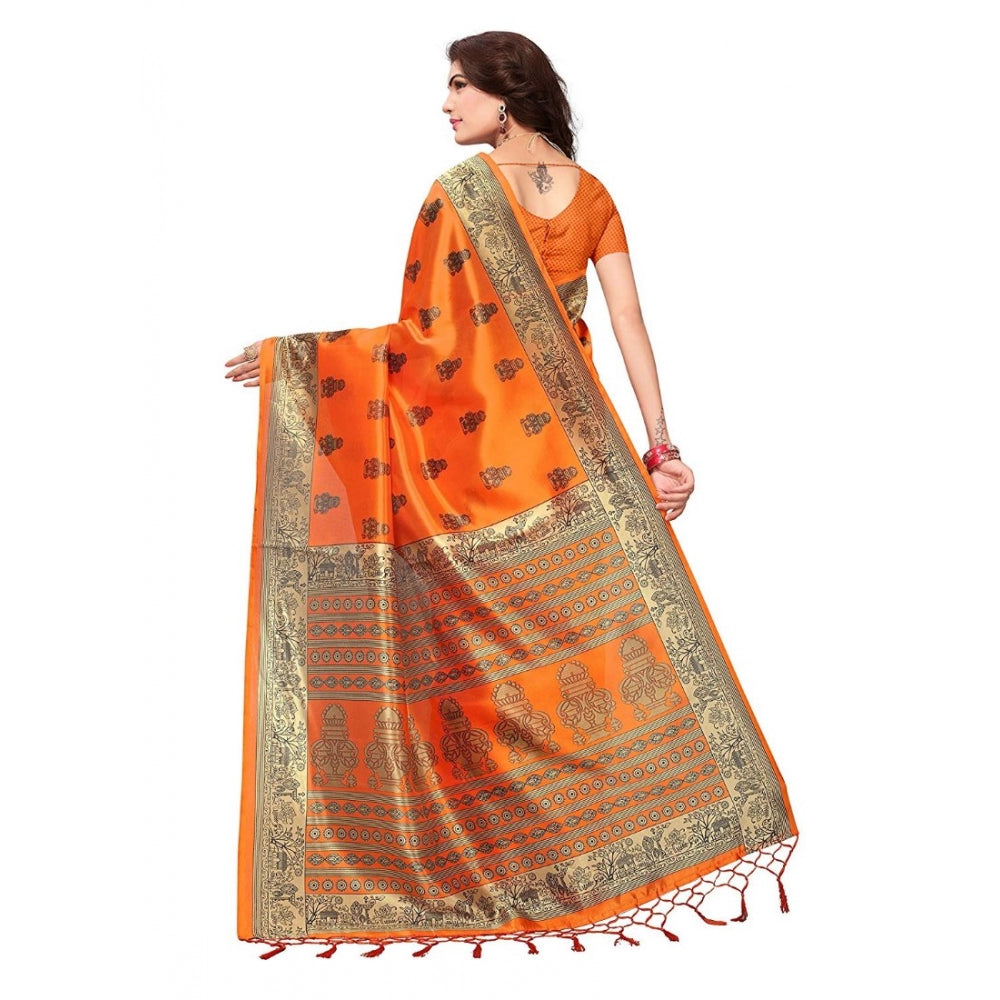 Generic Women's Art Silk Saree With Blouse (Orange, 5-6mtrs)