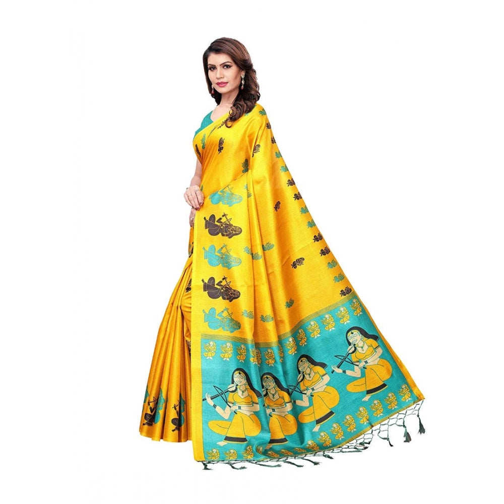 Generic Women's Khadi Silk Saree With Blouse (Yellow, 5-6mtrs)