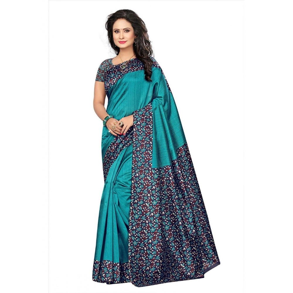 Generic Women's Art Silk Saree With Blouse (Turquoise, 5-6mtrs)