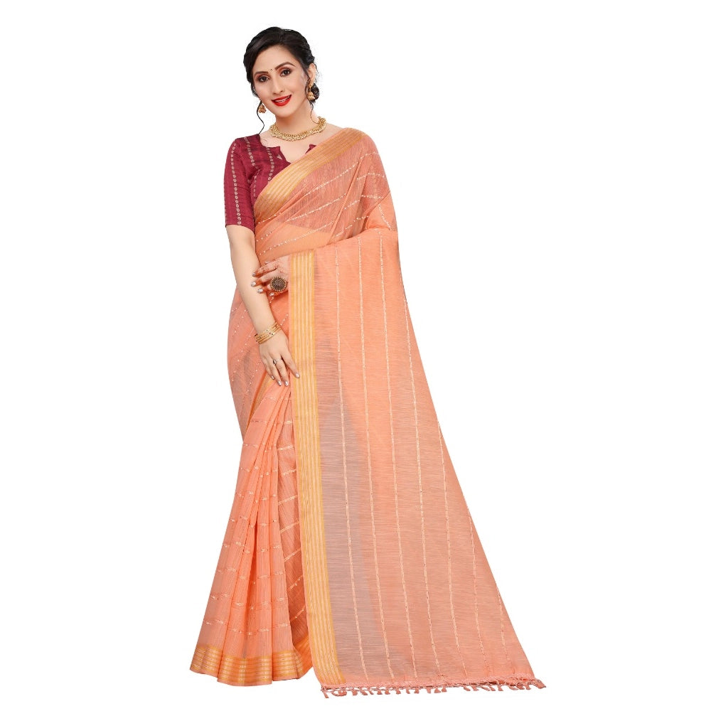 Generic Women's Cotton Saree With Blouse (Orange, 5-6Mtrs)