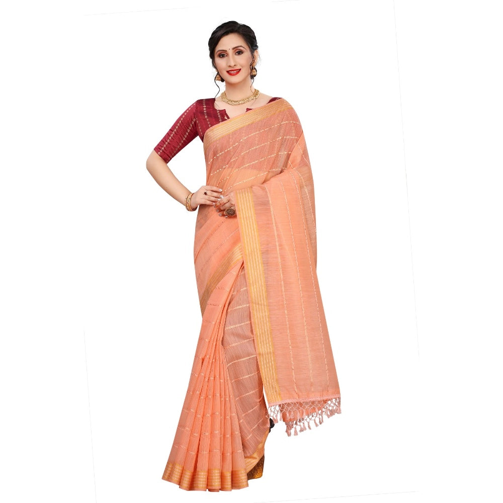 Generic Women's Cotton Saree With Blouse (Orange, 5-6Mtrs)