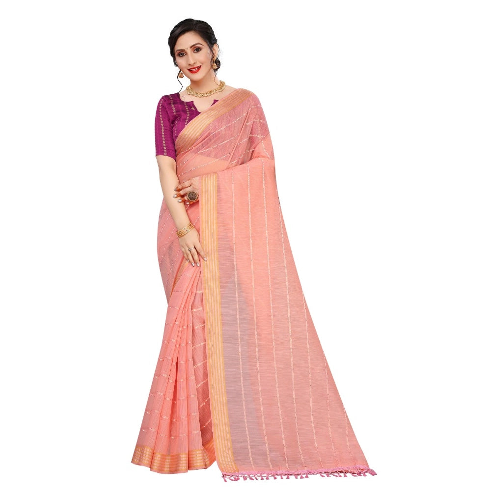 Generic Women's Cotton Saree With Blouse (Pink, 5-6Mtrs)