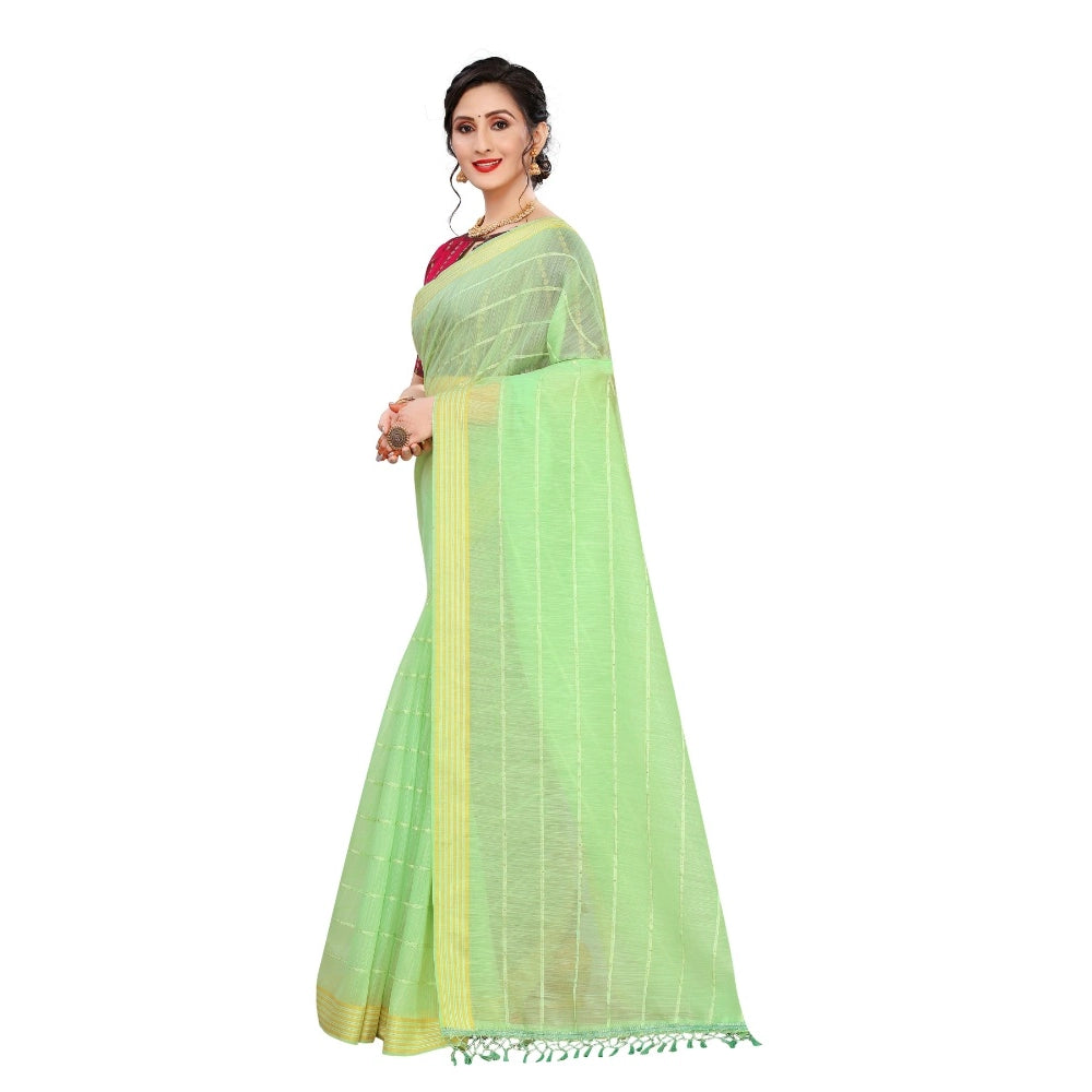 Generic Women's Cotton Saree With Blouse (Parrot Green, 5-6Mtrs)