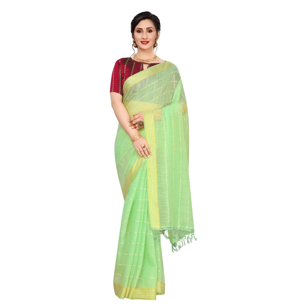 Generic Women's Cotton Saree With Blouse (Parrot Green, 5-6Mtrs)