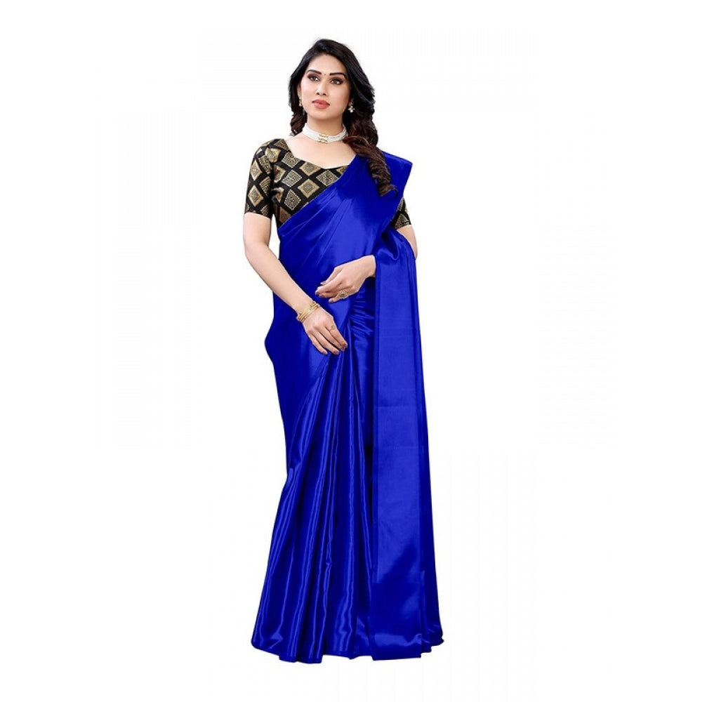 Generic Women's Satin Saree With Blouse (Royal Blue, 5-6mtrs)