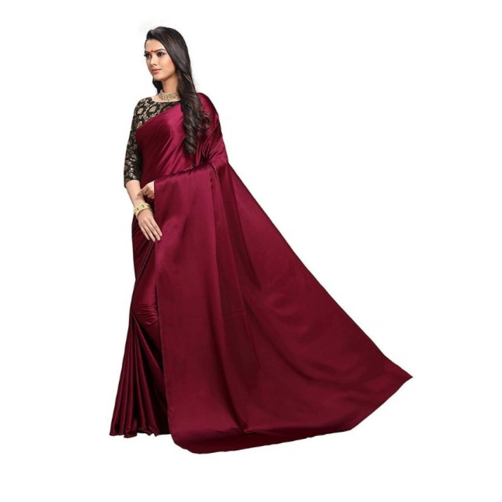 Generic Women's Satin Saree With Blouse (Maroon, 5-6mtrs)