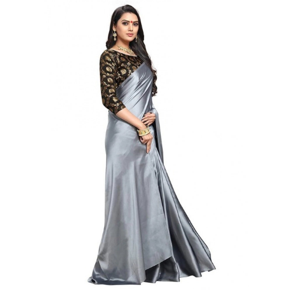 Generic Women's Satin Saree With Blouse (Grey, 5-6mtrs)