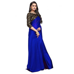 Generic Women's Satin Saree With Blouse (Blue, 5-6mtrs)