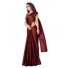 Generic Women's Satin Saree With Blouse (Maroon, 5-6mtrs)