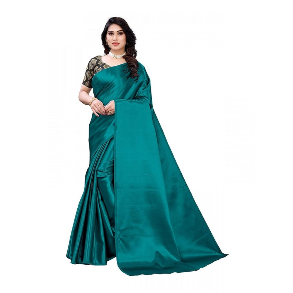 Generic Women's Satin Saree With Blouse (Teal, 5-6mtrs)