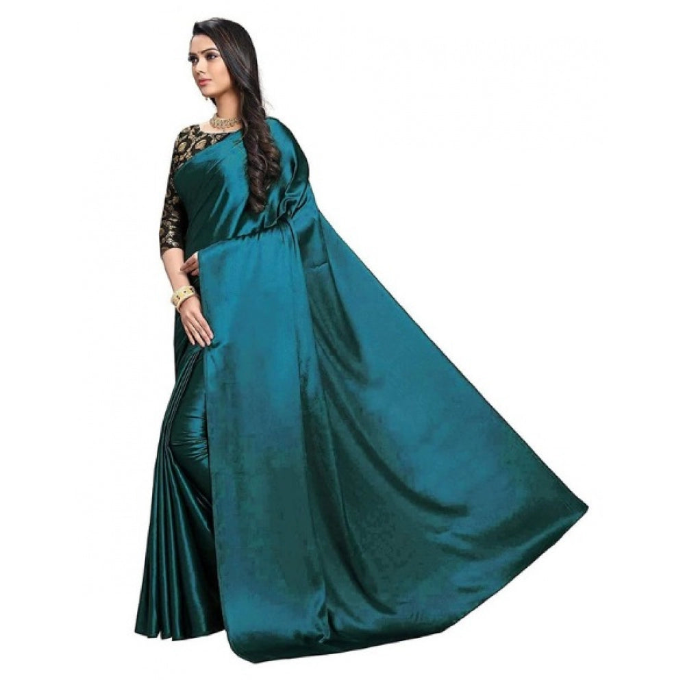 Generic Women's Satin Saree With Blouse (Turquoise, 5-6mtrs)