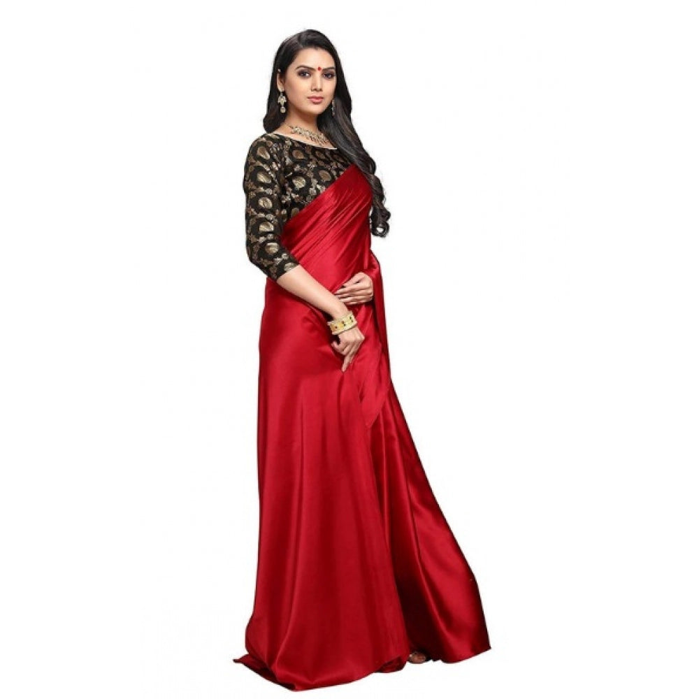 Generic Women's Satin Saree With Blouse (Red, 5-6mtrs)