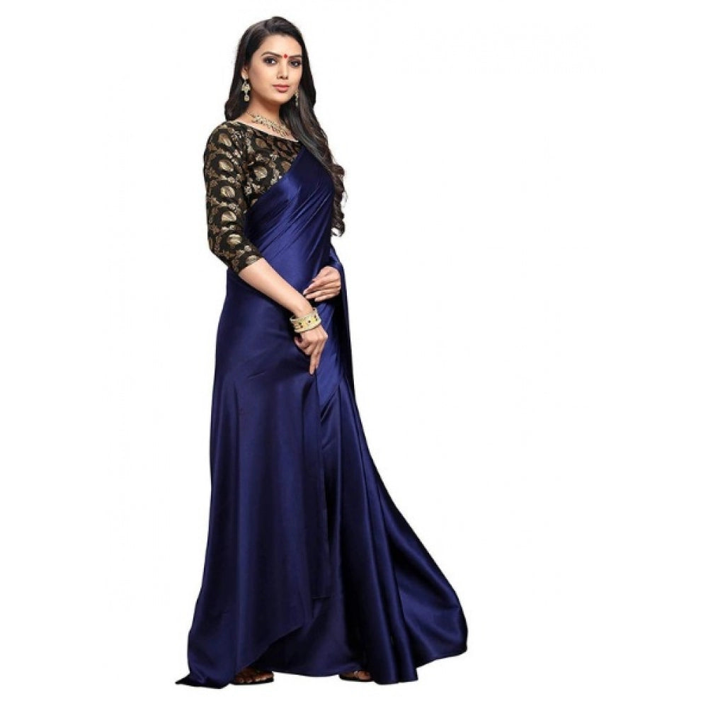 Generic Women's Satin Saree With Blouse (Navy Blue, 5-6mtrs)