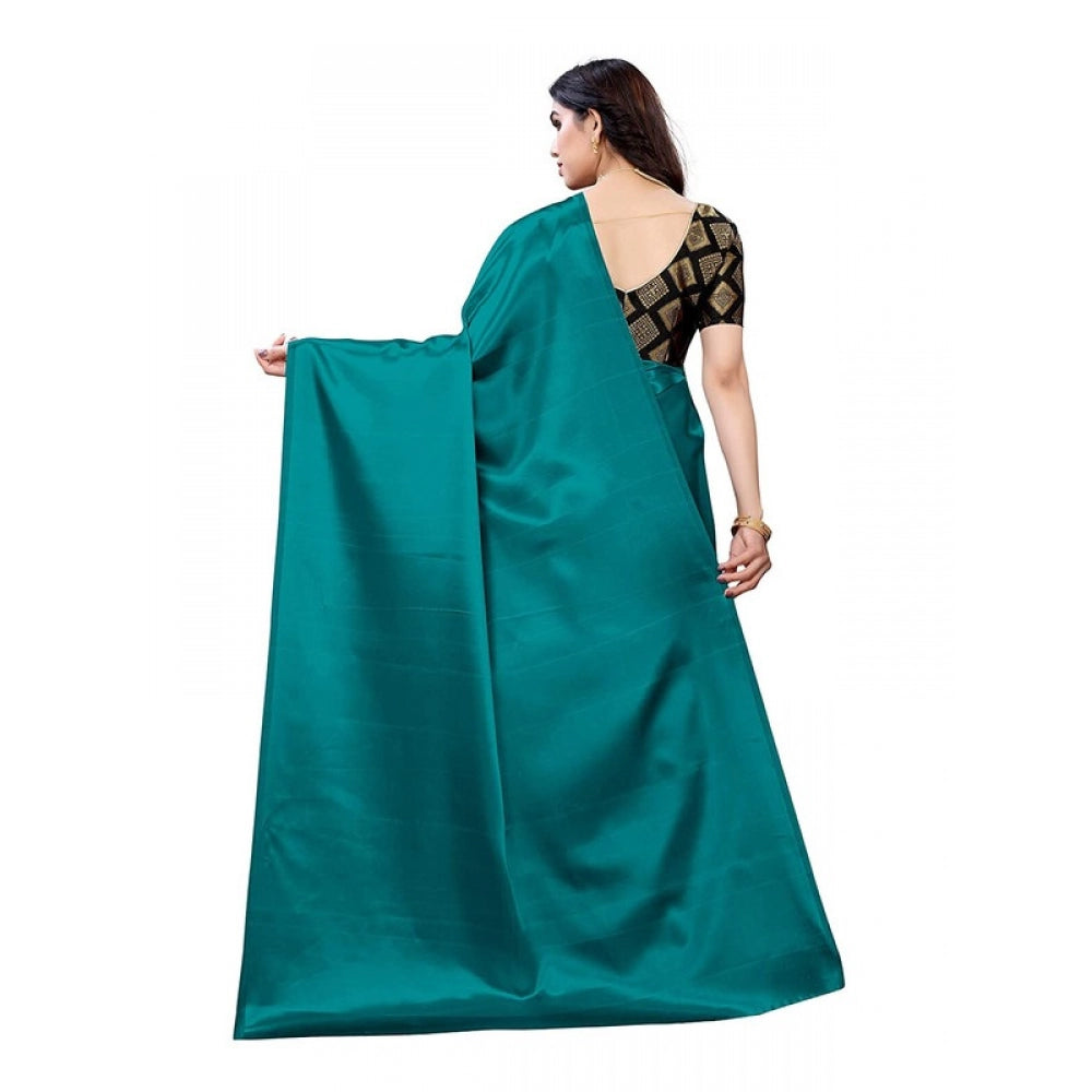 Generic Women's Satin Saree With Blouse (Teal, 5-6mtrs)