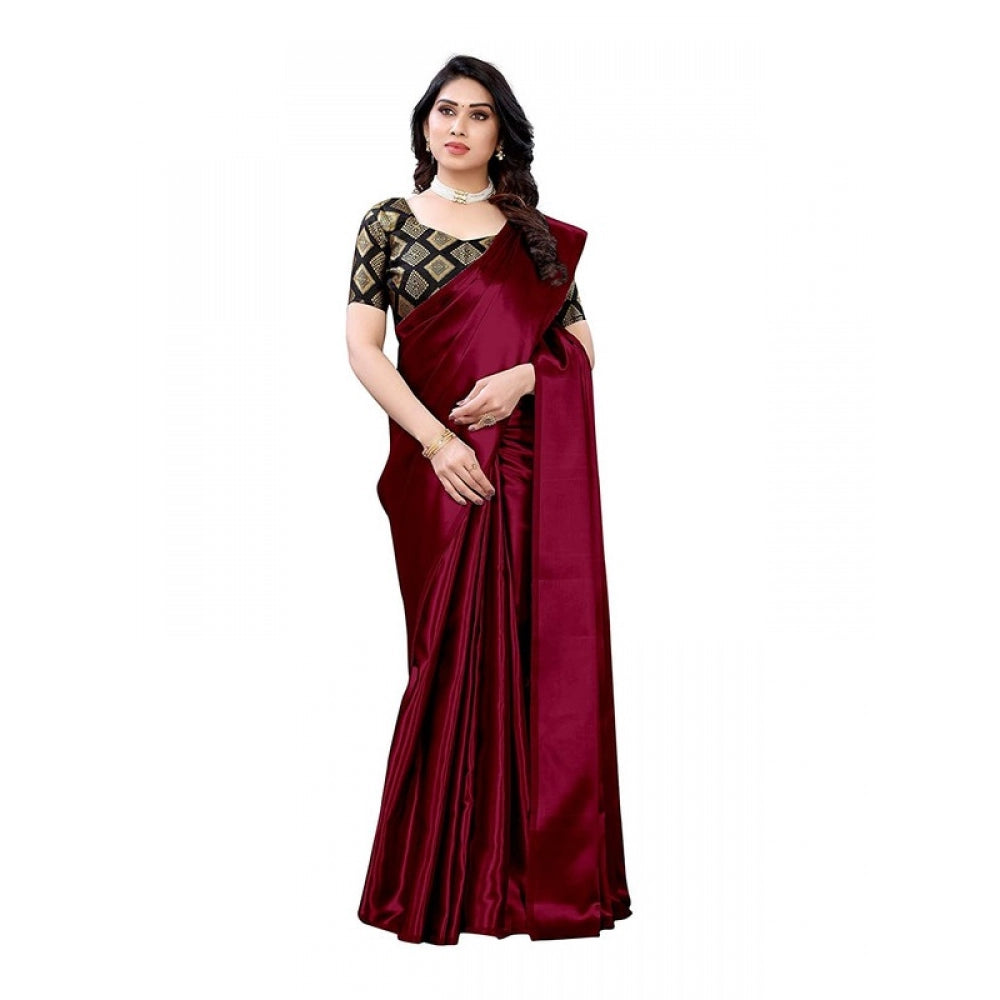 Generic Women's Satin Saree With Blouse (Maroon, 5-6mtrs)