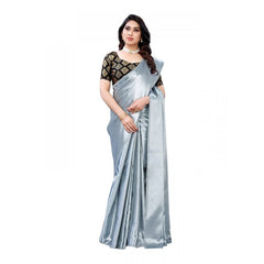 Generic Women's Satin Saree With Blouse (Grey, 5-6mtrs)