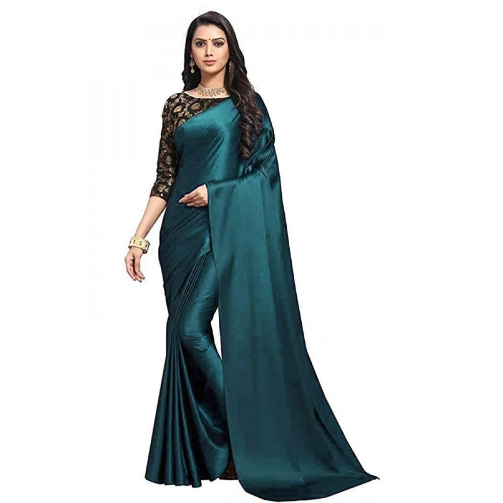 Generic Women's Satin Saree With Blouse (Turquoise, 5-6mtrs)