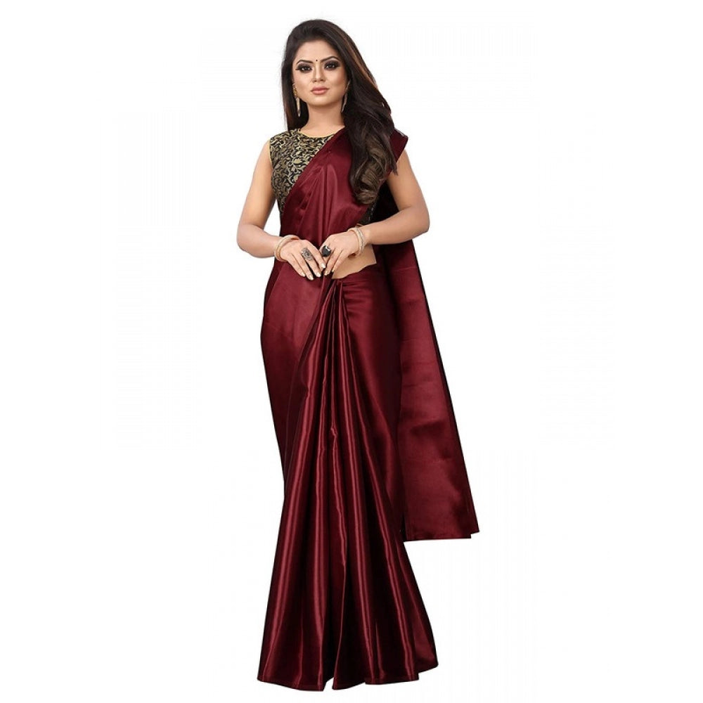 Generic Women's Satin Saree With Blouse (Maroon, 5-6mtrs)