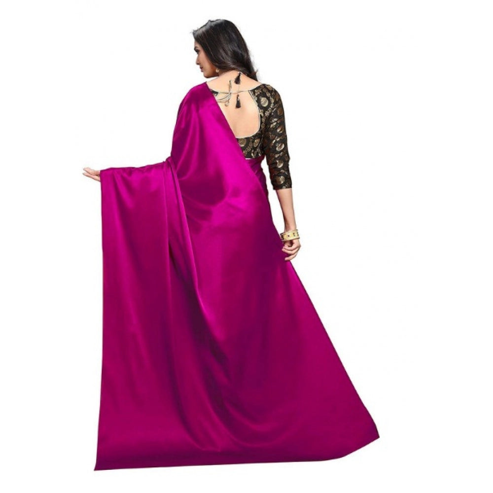 Generic Women's Satin Saree With Blouse (Magenta, 5-6mtrs)