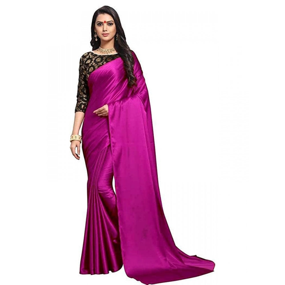 Generic Women's Satin Saree With Blouse (Magenta, 5-6mtrs)