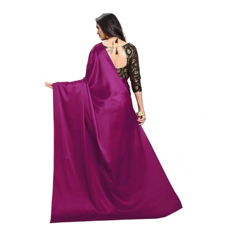 Generic Women's Satin Saree With Blouse (Wine, 5-6mtrs)