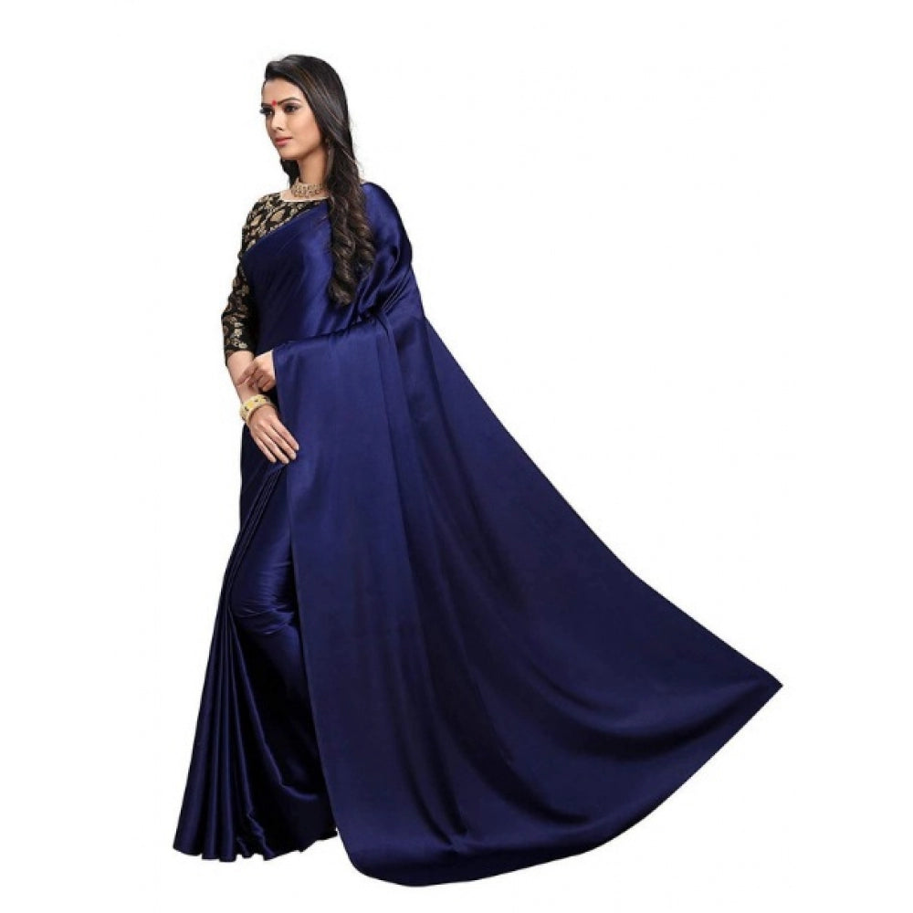 Generic Women's Satin Saree With Blouse (Navy Blue, 5-6mtrs)