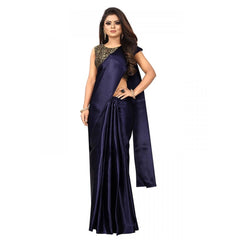 Generic Women's Satin Saree With Blouse (Navy Blue, 5-6mtrs)