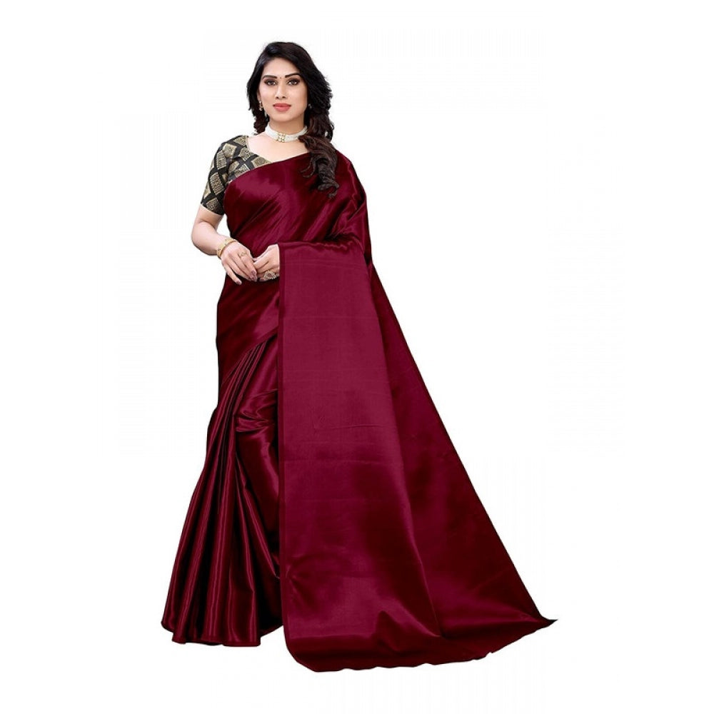 Generic Women's Satin Saree With Blouse (Maroon, 5-6mtrs)