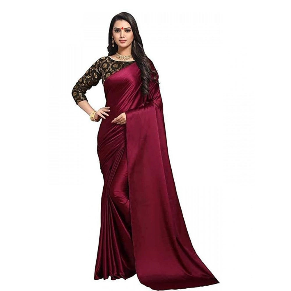 Generic Women's Satin Saree With Blouse (Maroon, 5-6mtrs)