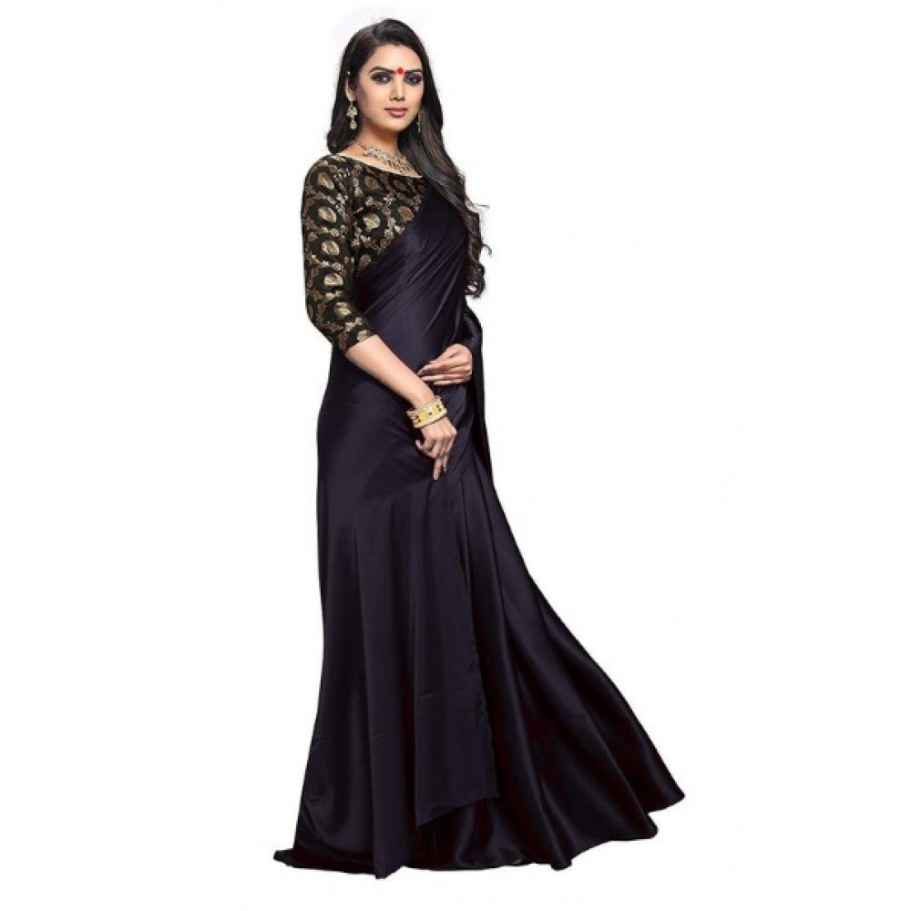 Generic Women's Satin Saree With Blouse (Black, 5-6mtrs)