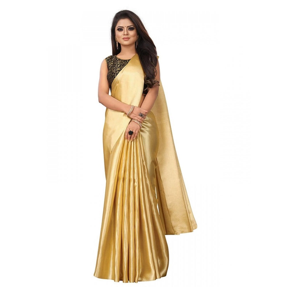 Generic Women's Satin Saree With Blouse (Gold, 5-6mtrs)