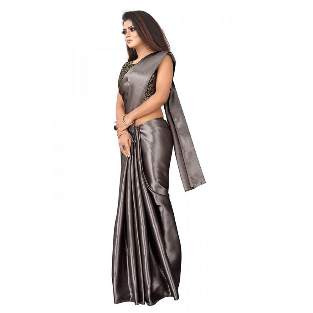 Generic Women's Satin Saree With Blouse (Grey, 5-6mtrs)