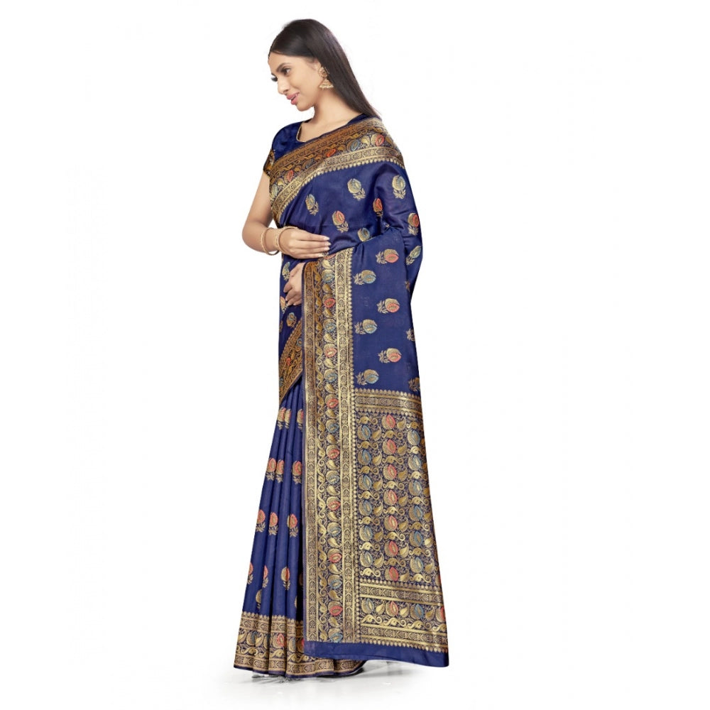 Generic Women's Banarasi Silk Saree With Blouse (Navy Blue, 5-6Mtrs)