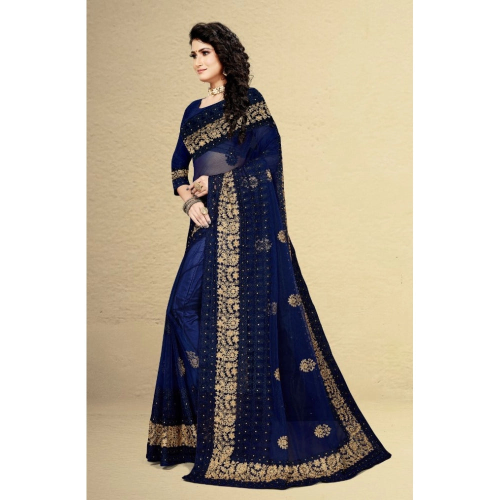 Generic Women's Net Saree With Blouse (Navy Blue, 5-6Mtrs)