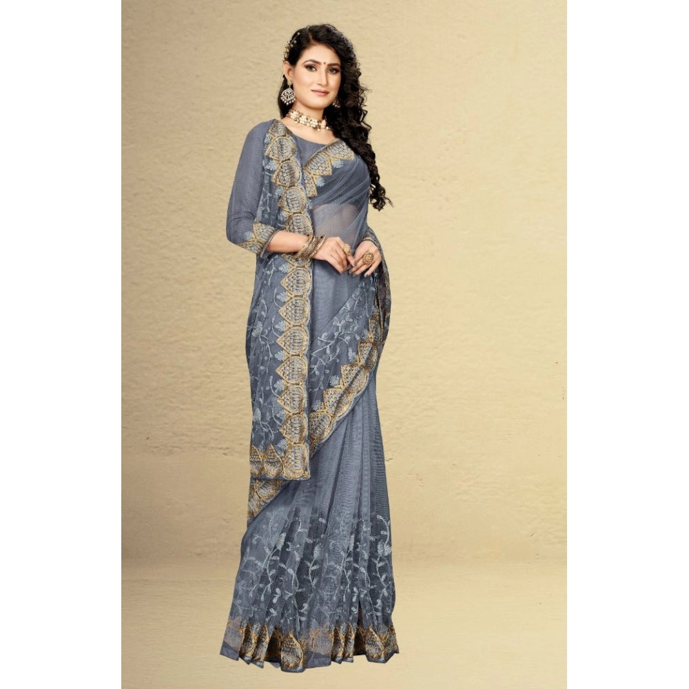 Generic Women's Net Saree With Blouse (Grey, 5-6Mtrs)