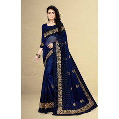 Generic Women's Net Saree With Blouse (Navy Blue, 5-6Mtrs)