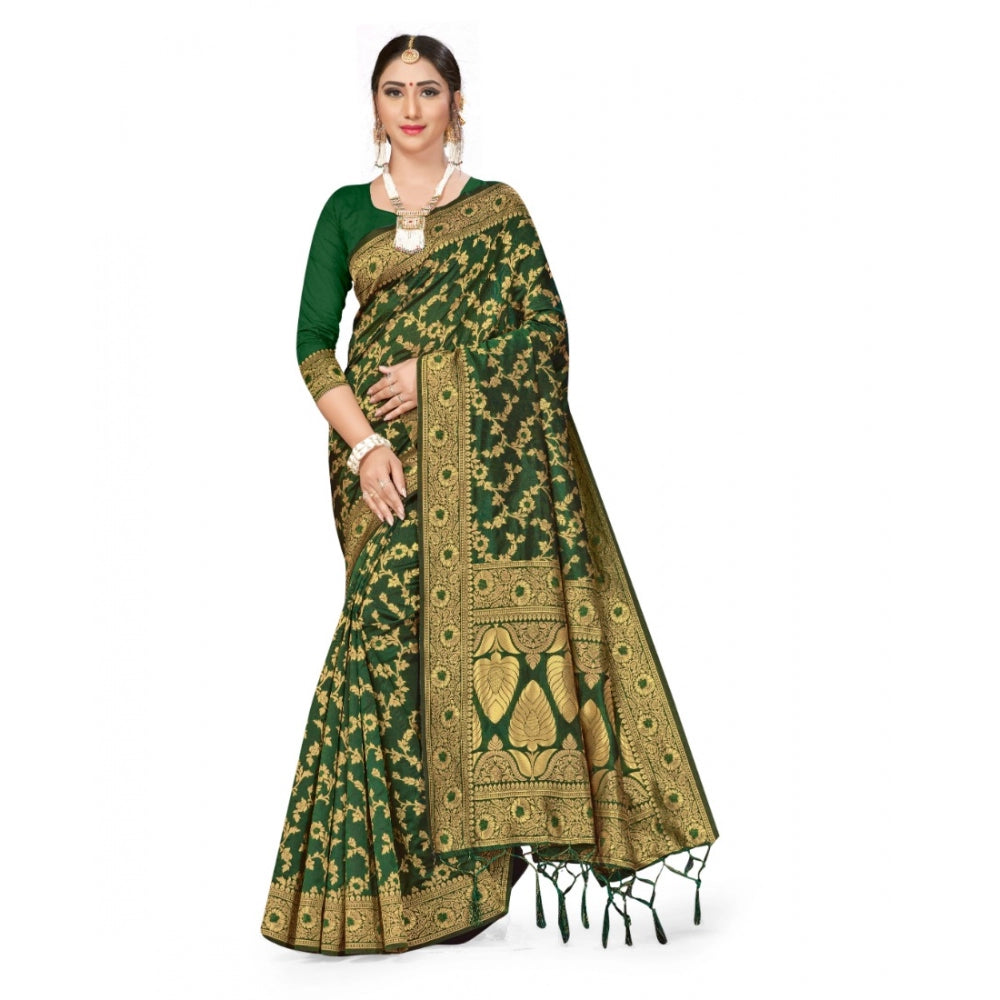 Generic Women's Banarasi Silk Saree With Blouse (Green, 5-6Mtrs)