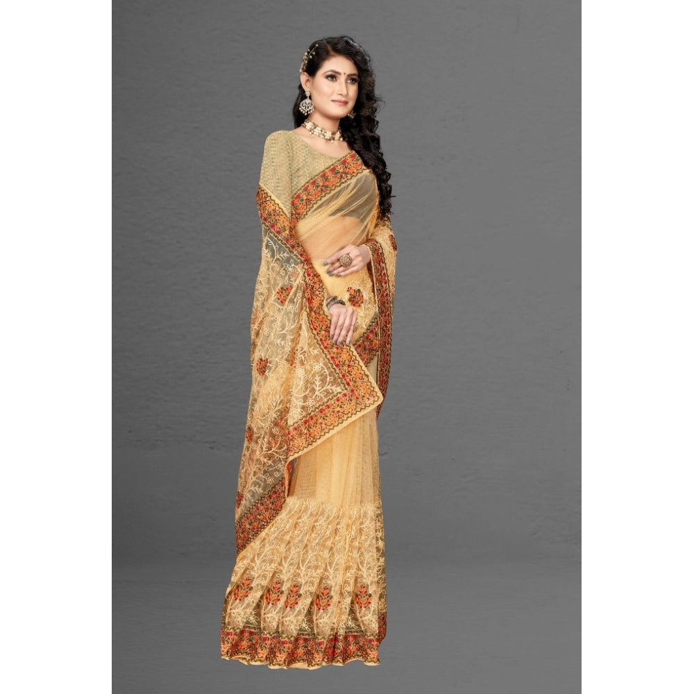 Generic Women's Net Saree With Blouse (Chiku, 5-6Mtrs)