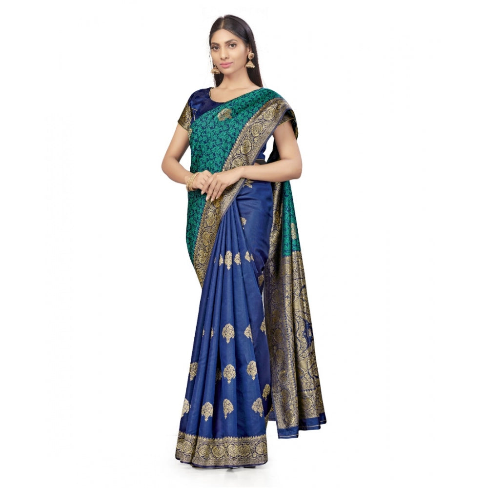 Generic Women's Banarasi Silk Saree With Blouse (Navy Blue, Rama, 5-6Mtrs)