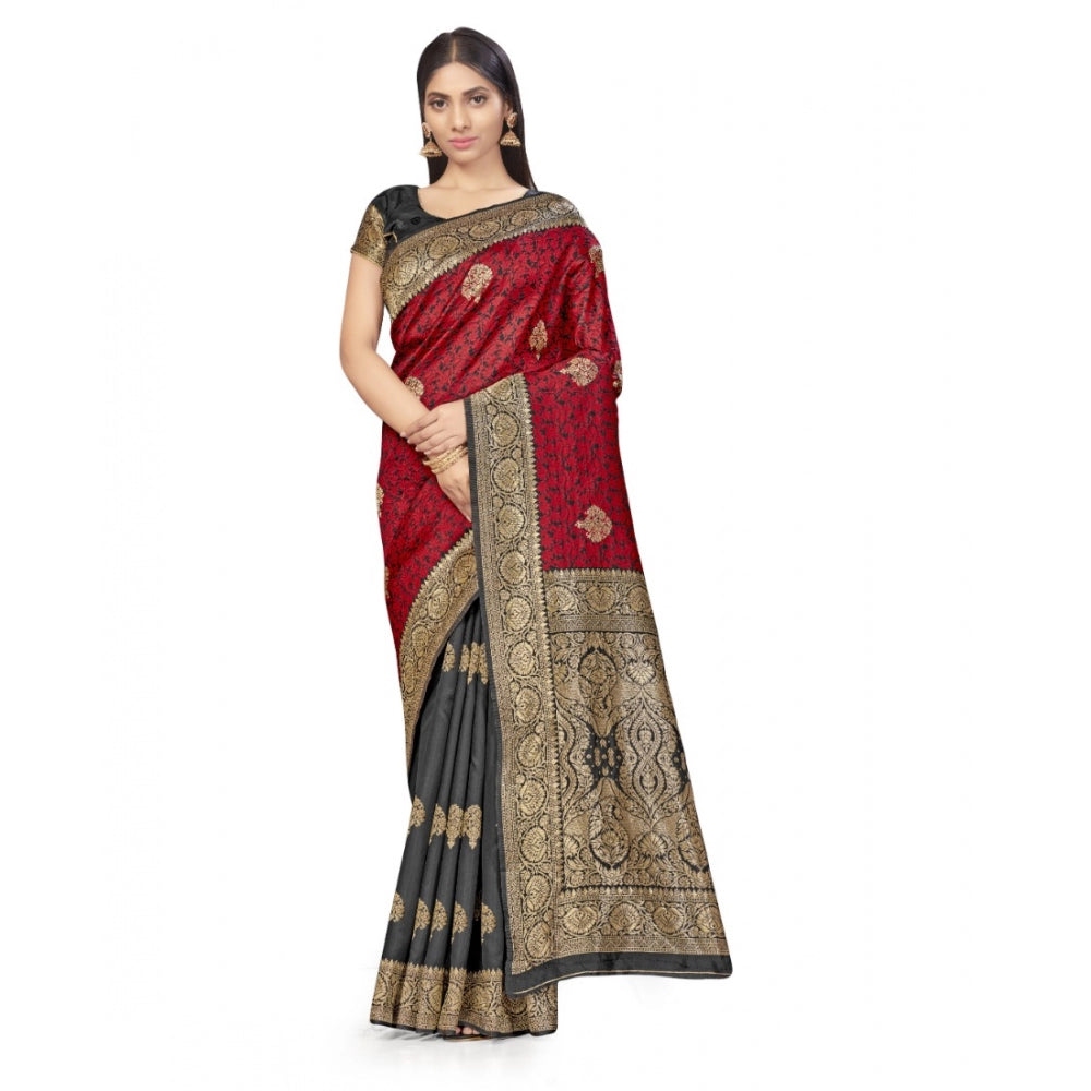 Generic Women's Banarasi Silk Saree With Blouse (Black, Red, 5-6Mtrs)